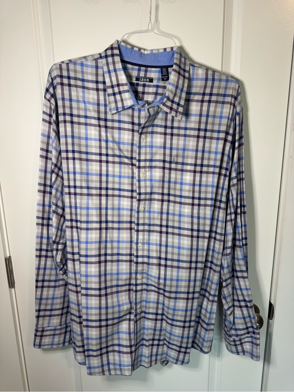 Izod Men's Light Blue and Navy Plaid Button-Down Shirt